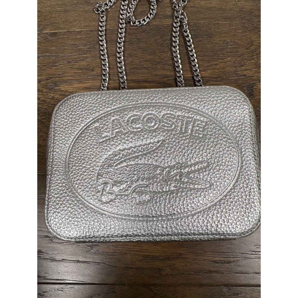 LACOSTE Croco Crew Silver Leather Bag with 2-way Chain Strap NF3245NJ EUC - Picture 5 of 10